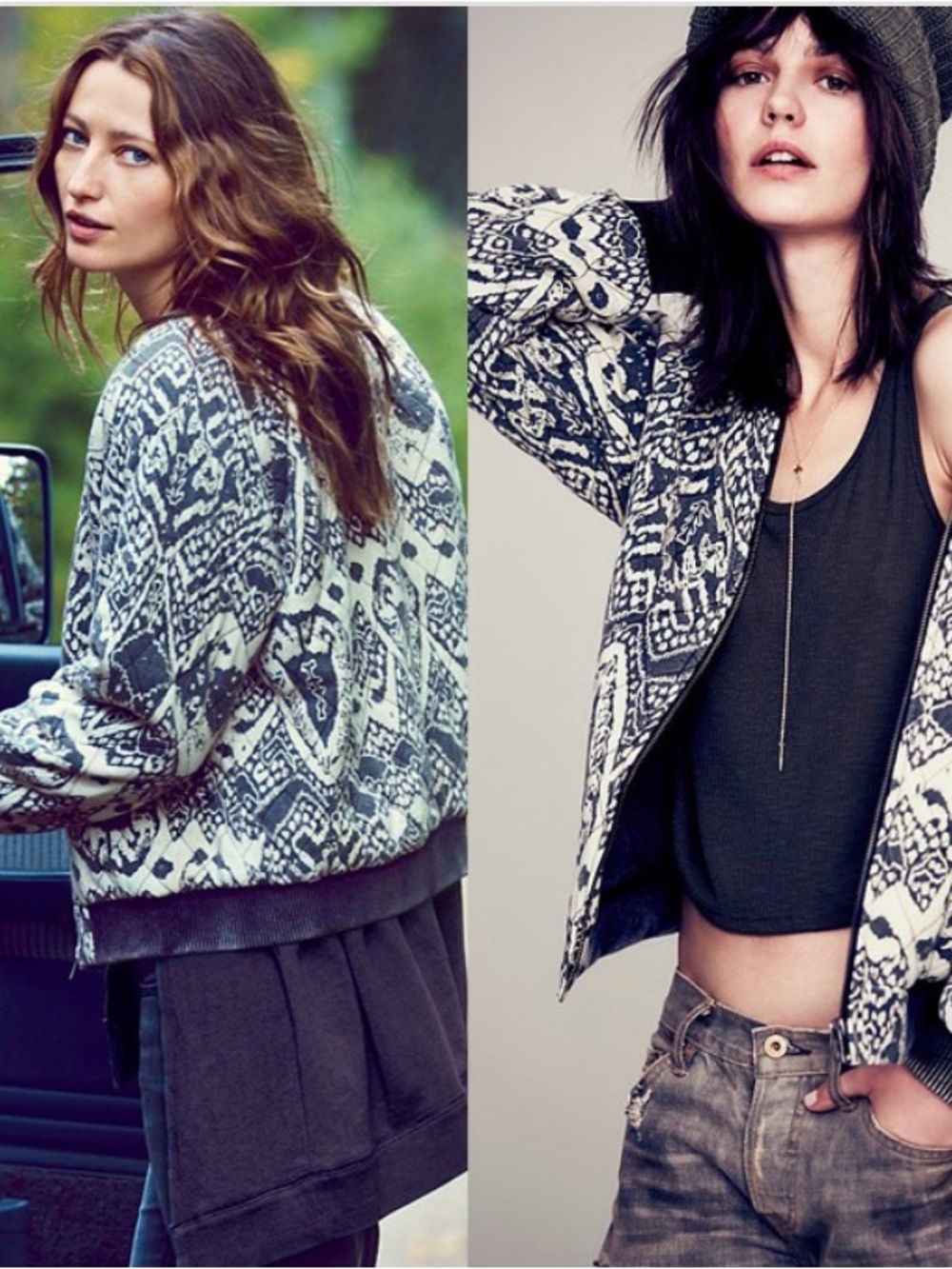 Free People “Love Story” Quilted Boho Bomber Jacket, XS Black Cream